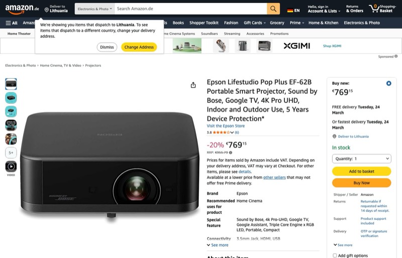 Epson Lifestudio Pop Plus EF-62B kaina Amazon.de — 769,15 €
