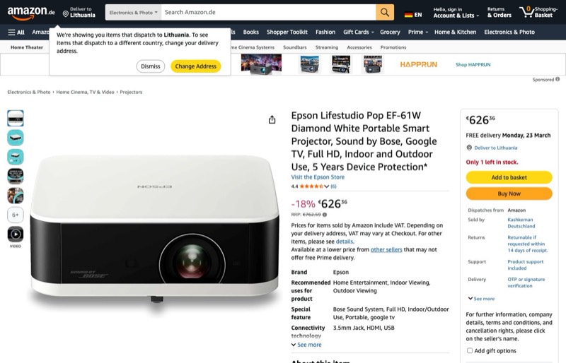 Epson Lifestudio Pop EF-61W Diamantweiß kaina Amazon.de — 626,36 €