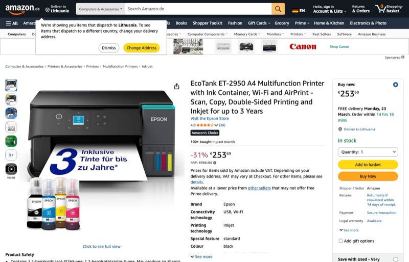 EcoTank ET-2950 A4 Multifunktionsdrucker Wi-Fi & AirPrint kaina Amazon.de — 253,69 €