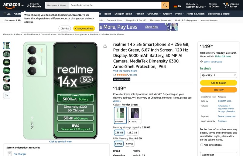 realme 14x 8+256GB kaina Amazon.de — 149,00 €