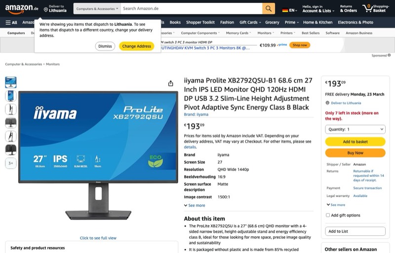 iiyama Prolite XB2792QSU-B1 68 kaina Amazon.de — 193,09 €