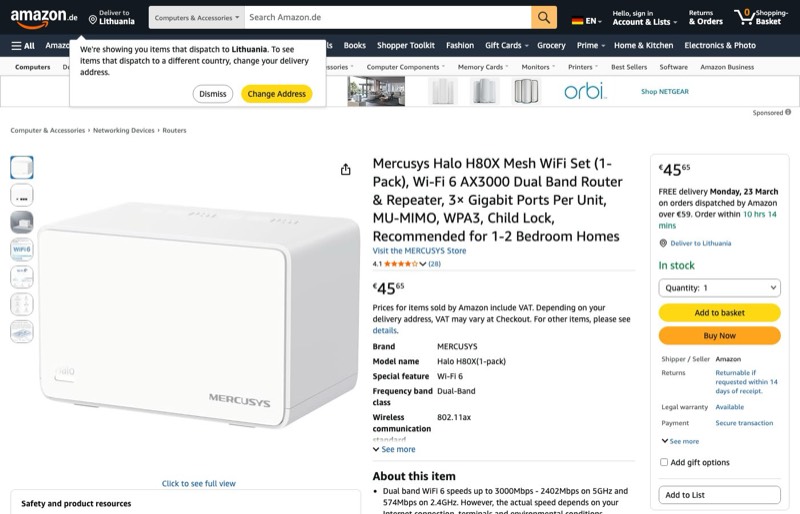 Mercusys Halo H80X Mesh-WLAN-Set kaina Amazon.de — 45,65 €