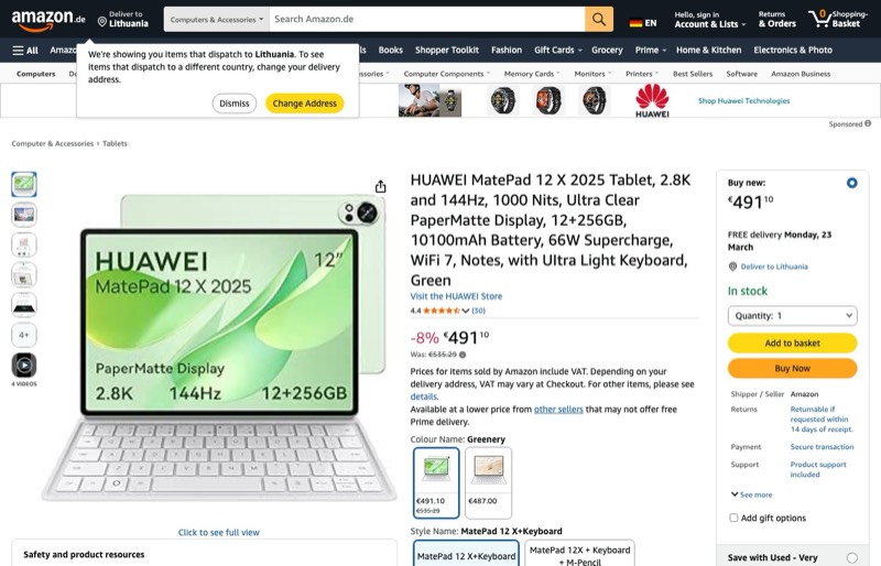 Huawei MatePad 12 X 2025 kaina Amazon.de — 491,10 €