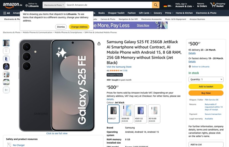 Samsung Galaxy S25 FE 256GB JetBlack AI Vertrag kaina Amazon.de — 500,27 €