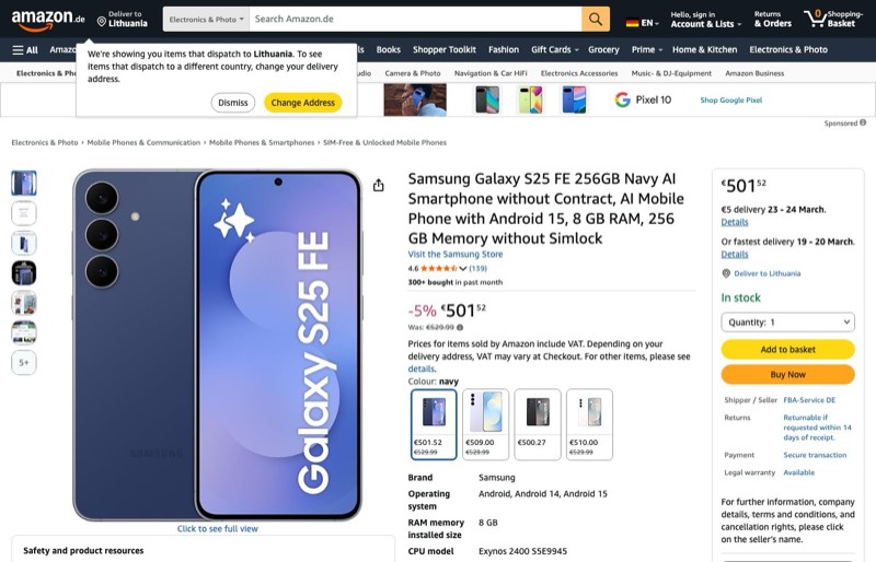 Samsung Galaxy S25 FE 256GB Navy AI Vertrag kaina Amazon.de — 501,52 €