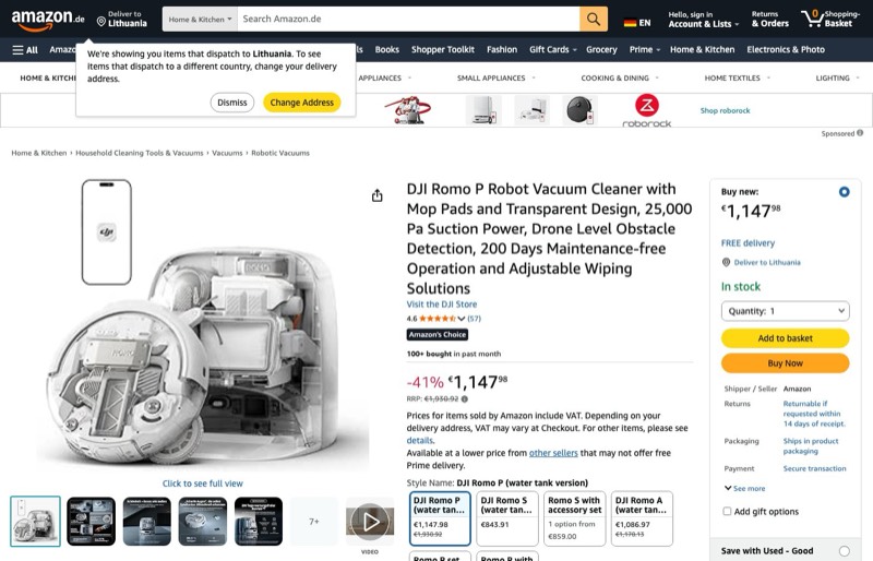 DJI ROMO P kaina Amazon.de — 1147,98 €