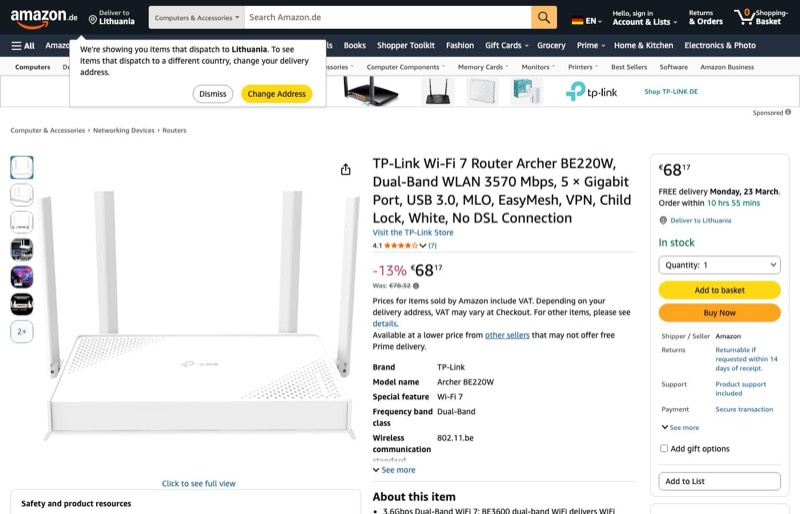 TP-Link Archer BE220W WiFi 7 Router kaina Amazon.de — 68,17 €
