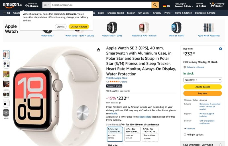 Apple Watch SE 3 GPS 40mm kaina Amazon.de — 232,85 €