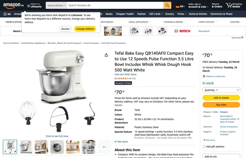 Tefal Bake Easy QB140AF0 kaina Amazon.de — 70,16 €