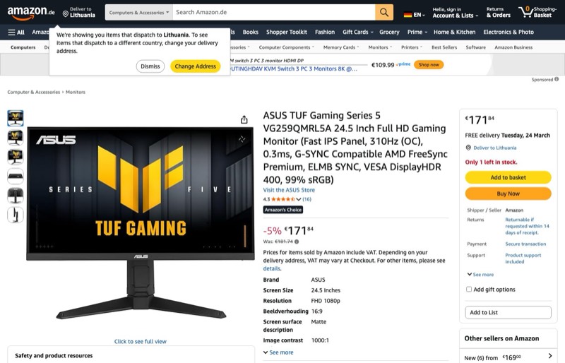 ASUS TUF Gaming Series 5 VG259QMRL5A 24 kaina Amazon.de — 171,84 €