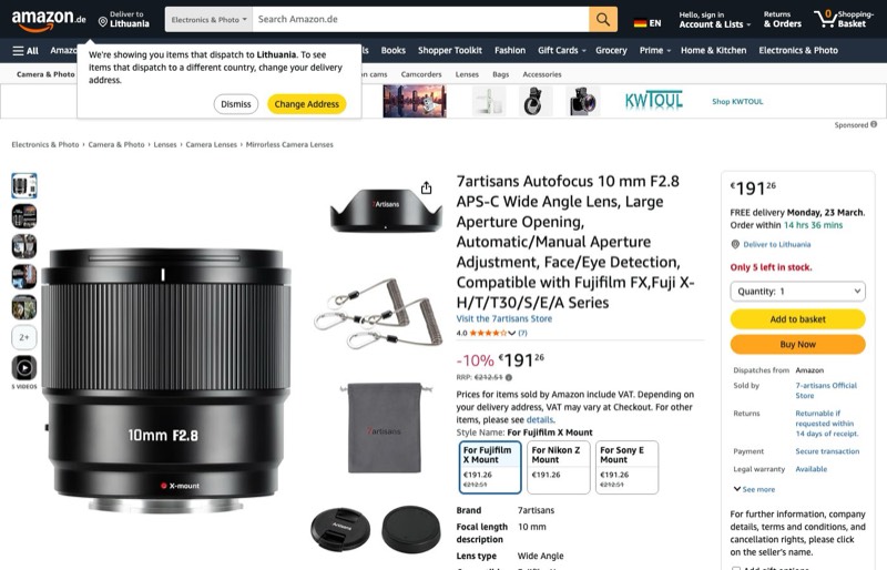 7artisans Autofokus 10mm F2.8 APS-C Weitwinkelobjektiv kaina Amazon.de — 191,26 €