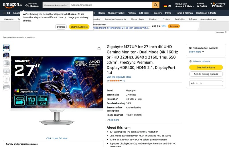 Gigabyte M27UP Ice 27" 4K UHD 160Hz kaina Amazon.de — 314,19 €