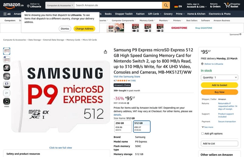 Samsung P9 Express microSD Express 512 GB kaina Amazon.de — 95,57 €