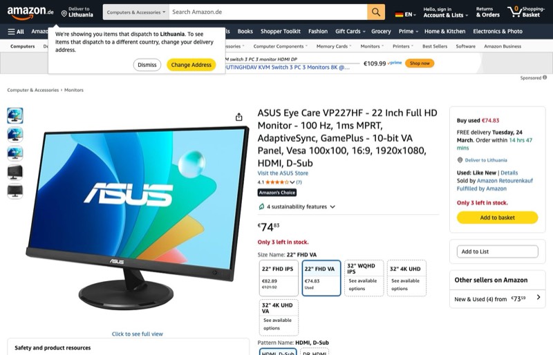 ASUS Eye Care VP227HF 22" FHD Monitor kaina Amazon.de — 74,83 €
