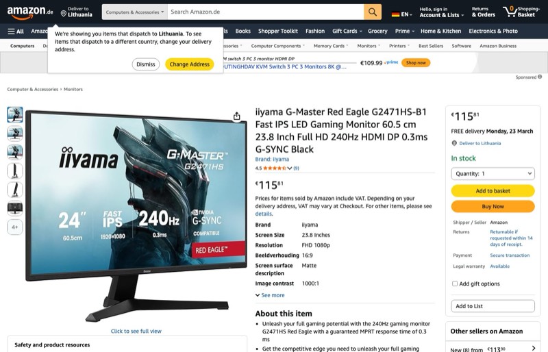 iiyama G-Master Red Eagle G2471HS-B1 60 kaina Amazon.de — 115,81 €