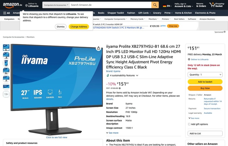 iiyama Prolite XB2797HSU-B1 68 kaina Amazon.de — 151,81 €