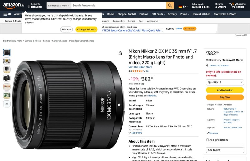 Nikon Nikkor Z DX MC 35mm f/1.7 kaina Amazon.de — 382,29 €