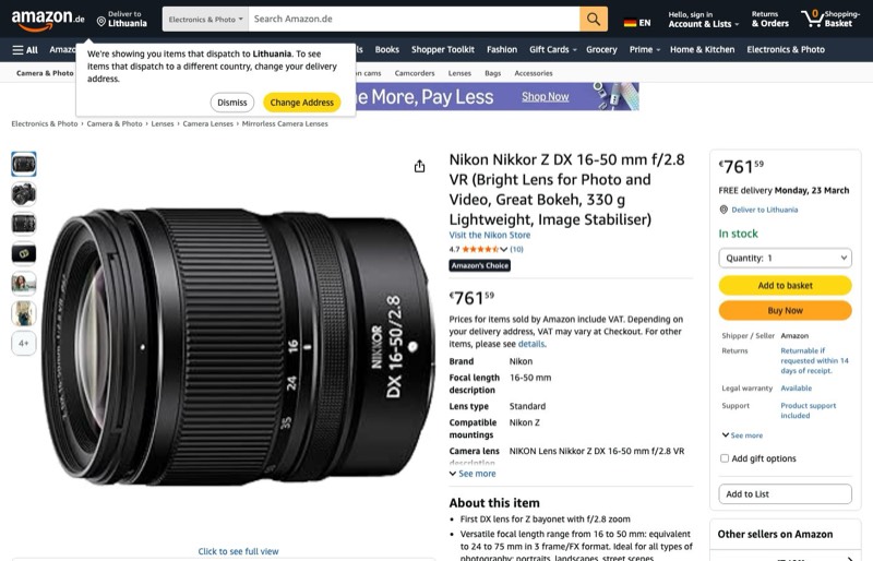Nikon Nikkor Z DX 16-50mm f/2.8 VR (lichtstarkes Objektiv kaina Amazon.de — 761,59 €