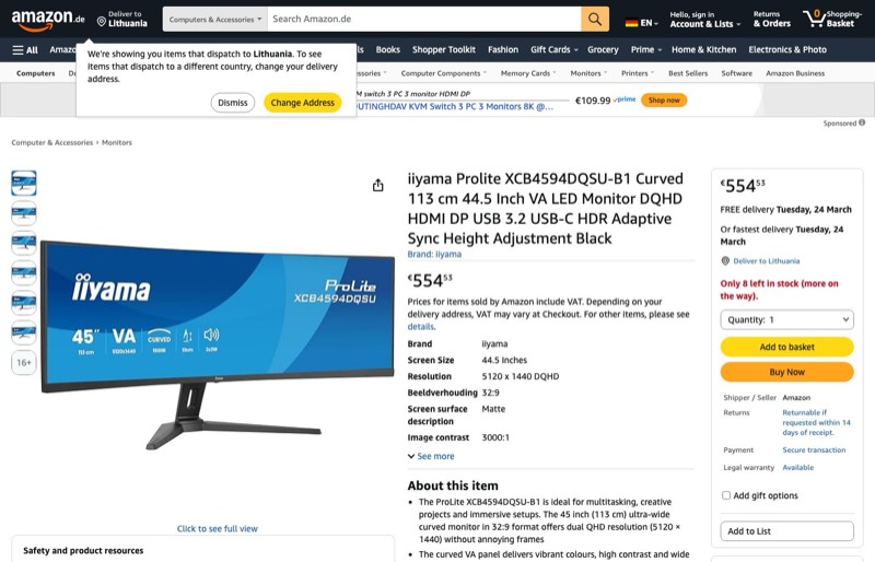 iiyama Prolite XCB4594DQSU-B1 Curved 113cm 44 kaina Amazon.de — 554,53 €