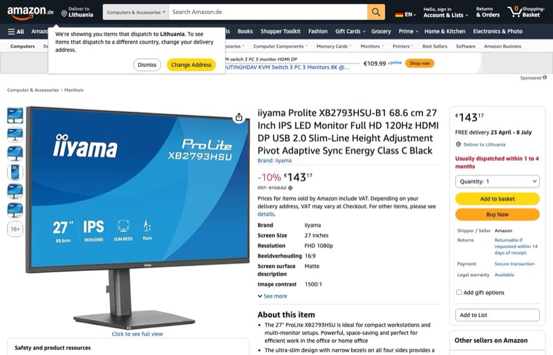 iiyama Prolite XB2793HSU-B1 68 kaina Amazon.de — 143,17 €