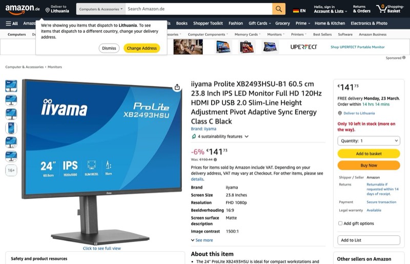 iiyama Prolite XB2493HSU-B1 60 kaina Amazon.de — 141,73 €