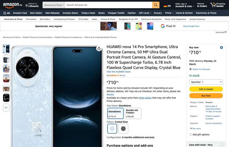HUAWEI nova 14 Pro kaina Amazon.de — 710,74 €
