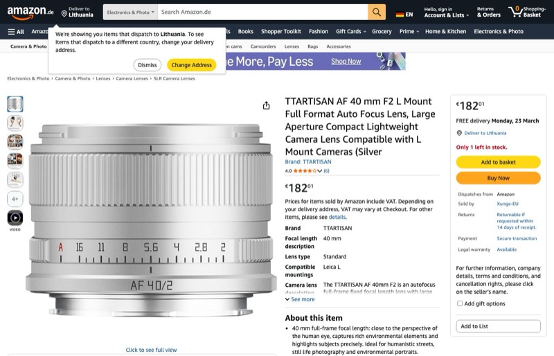 TTArtisan AF 40mm F2 L-Mount Black kaina Amazon.de — 182,01 €