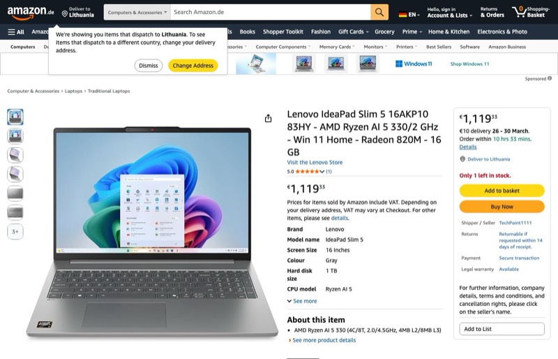 Lenovo IdeaPad Slim 5 16AKP10 83HY kaina Amazon.de — 1119,33 €