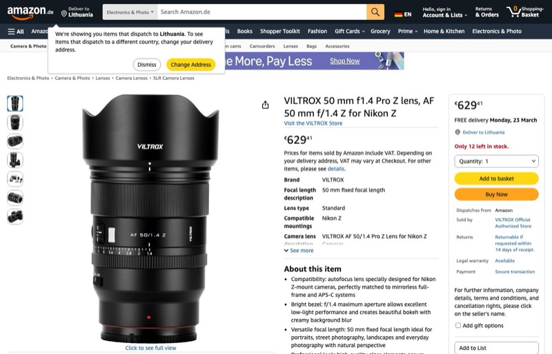 VILTROX 50mm F1.4 Pro Z kaina Amazon.de — 629,41 €