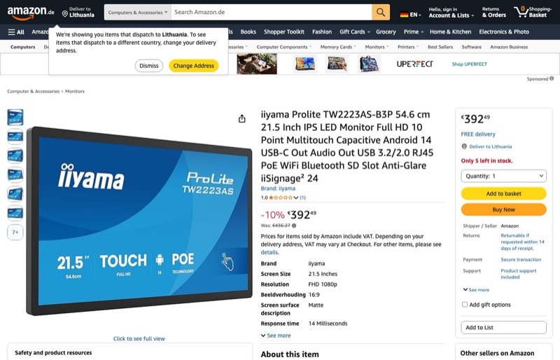 iiyama Prolite TW2223AS-B3P 54 kaina Amazon.de — 392,49 €