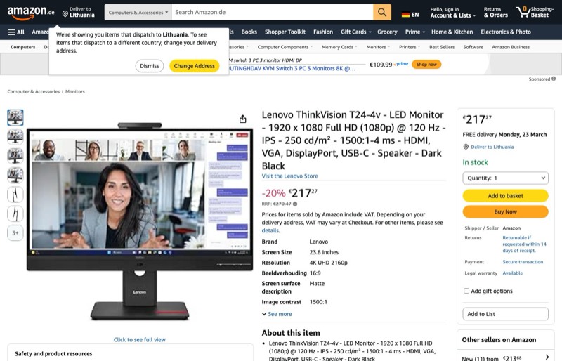 Lenovo ThinkVision T24-4v kaina Amazon.de — 217,27 €